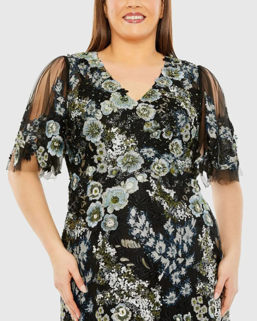 Mac Duggal 20630 Sheer Sleeve V-Neck Floral Embroidered Gown
