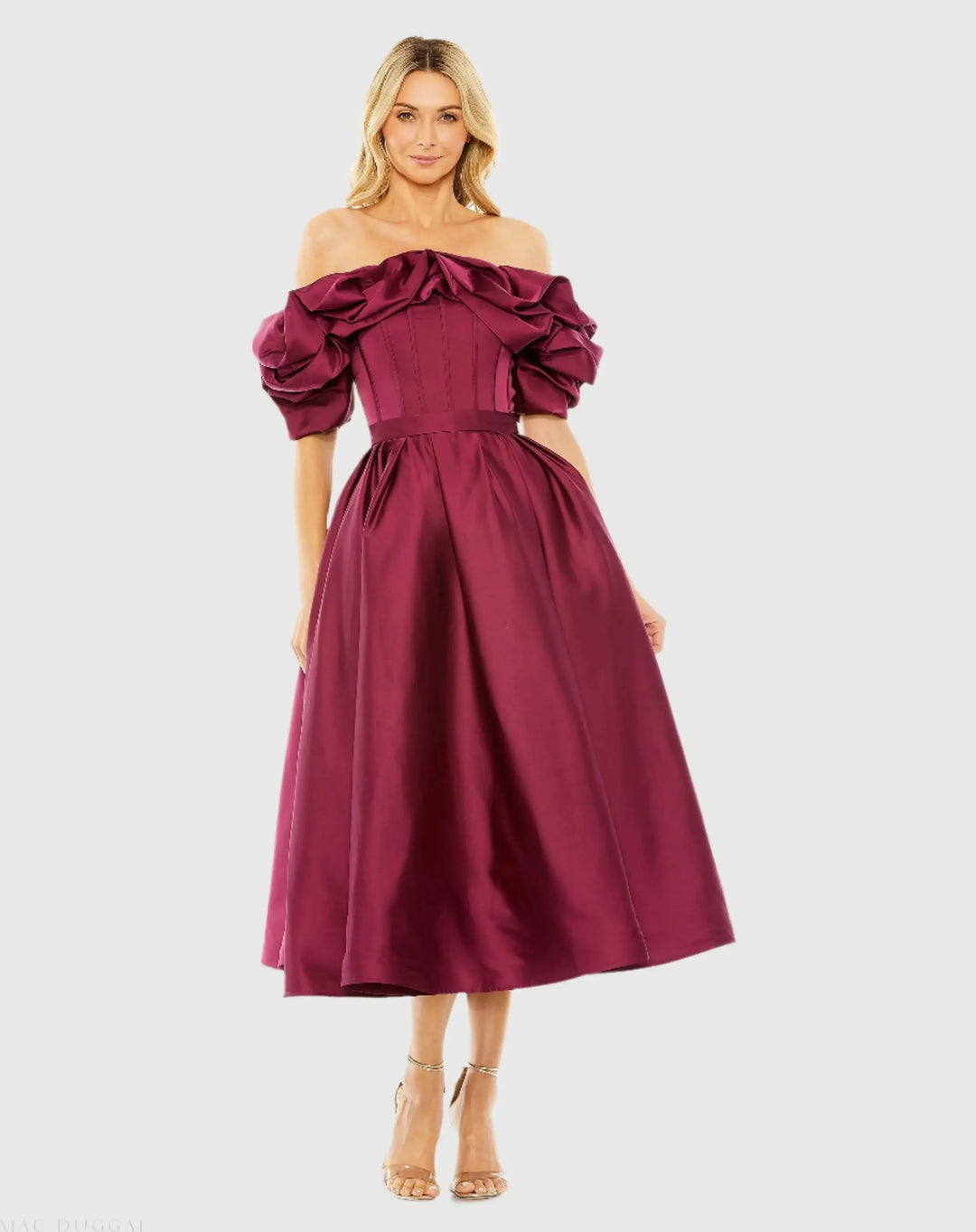 Mac Duggal 20706 Off The Shoulder Tea Length Dress