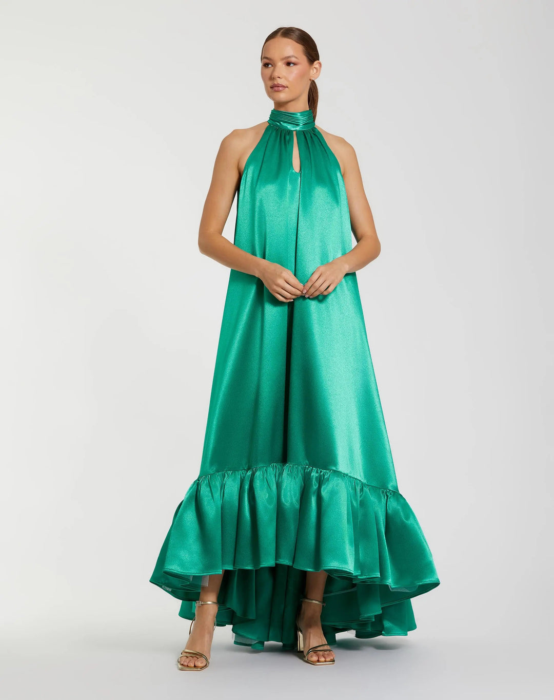 Green Sleeveless Halter Neck Keyhole Satin High Low Gown - FOSTANI.com