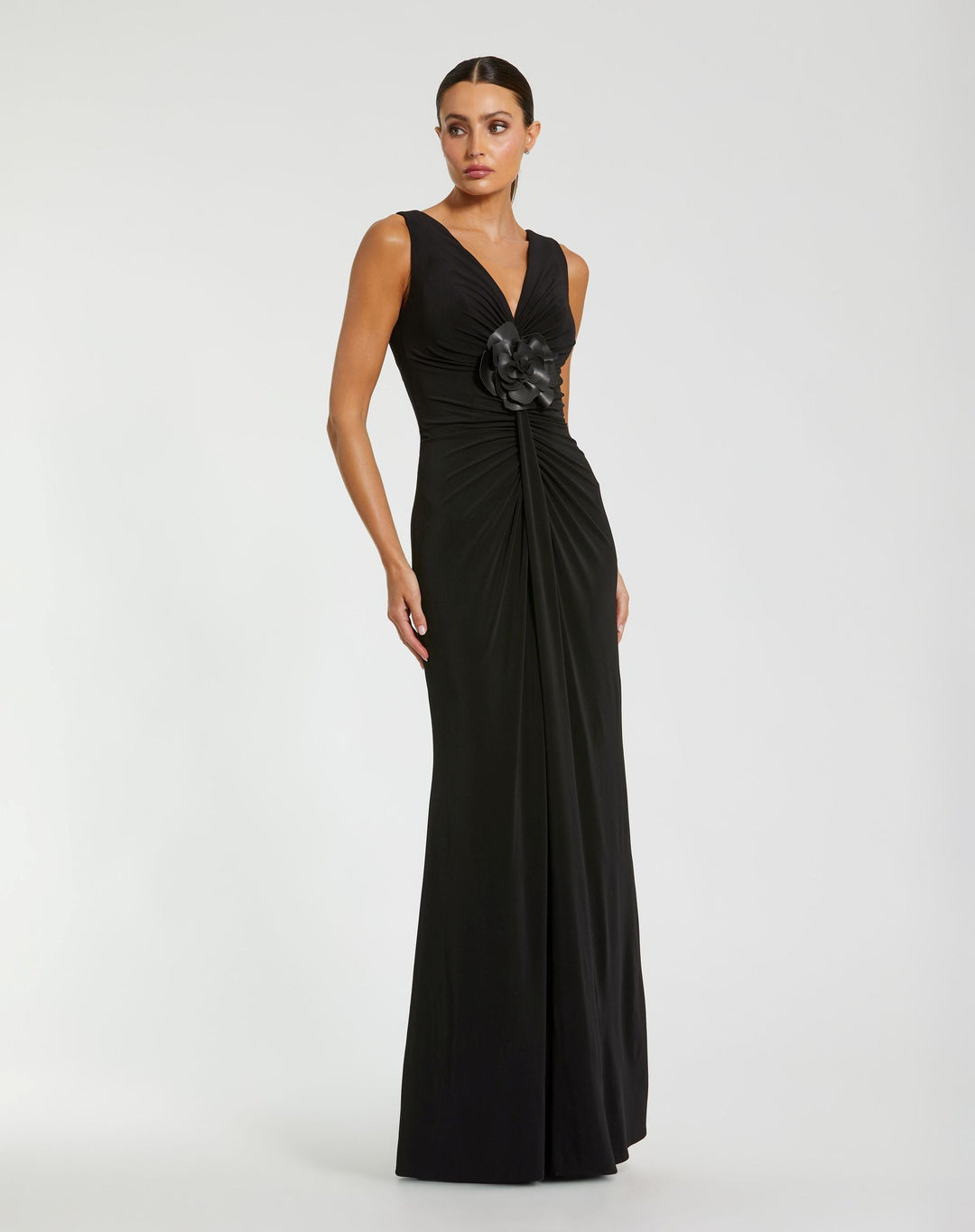 Mac Duggal 21005 Black Sleeveless Jersey Gown With 3D Flower
