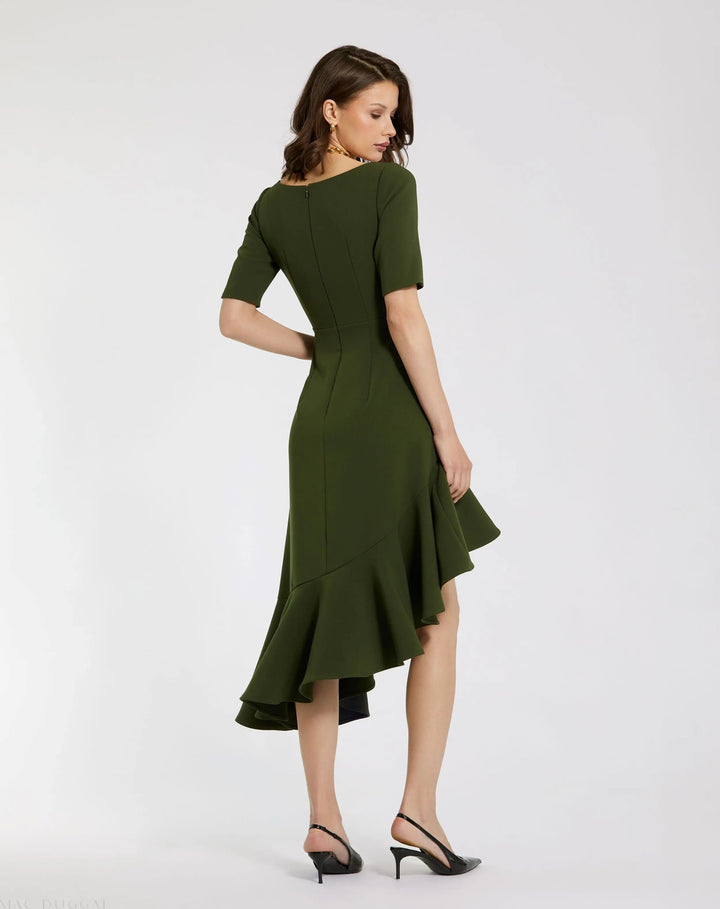 Mac Duggal 21019 Crepe 3/4 Sleeve Asymmetrical Hem Dress