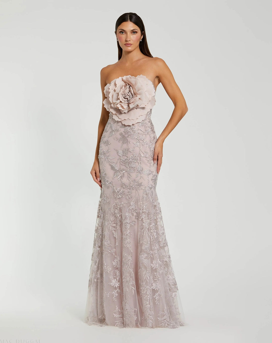 Mac Duggal 21036 Pink Strapless Lace Embellished Trumpet Gown With 3D Flower