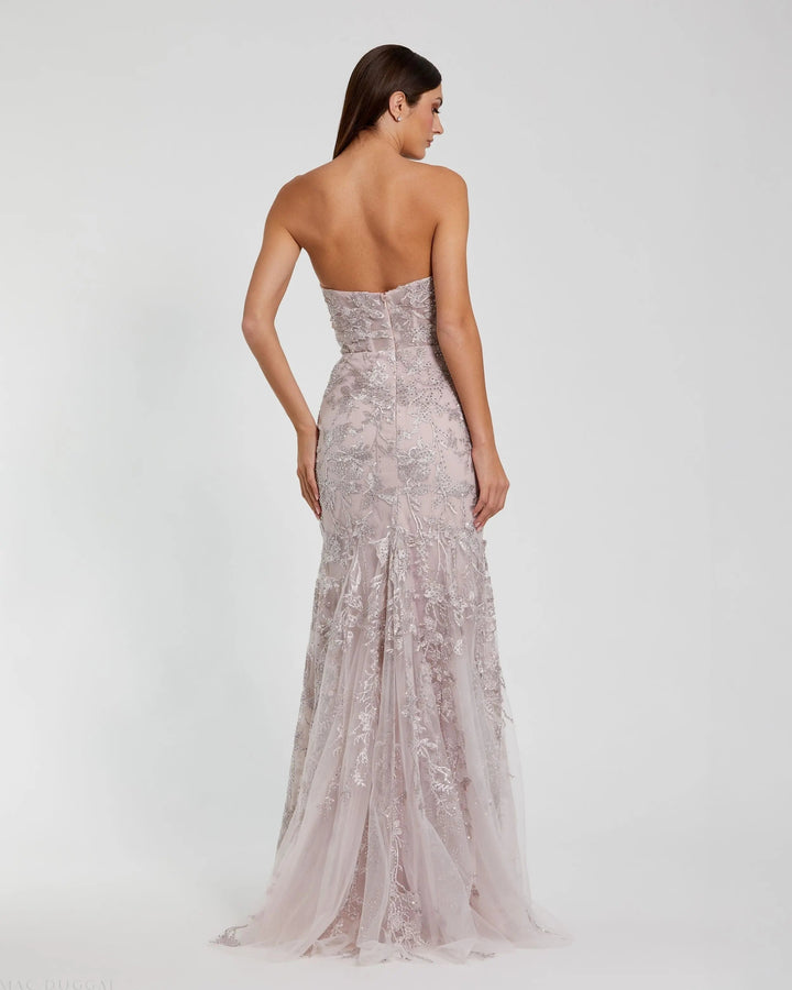 Mac Duggal IN Pink Strapless Lace Embellished Trumpet Gown With 3D Flower