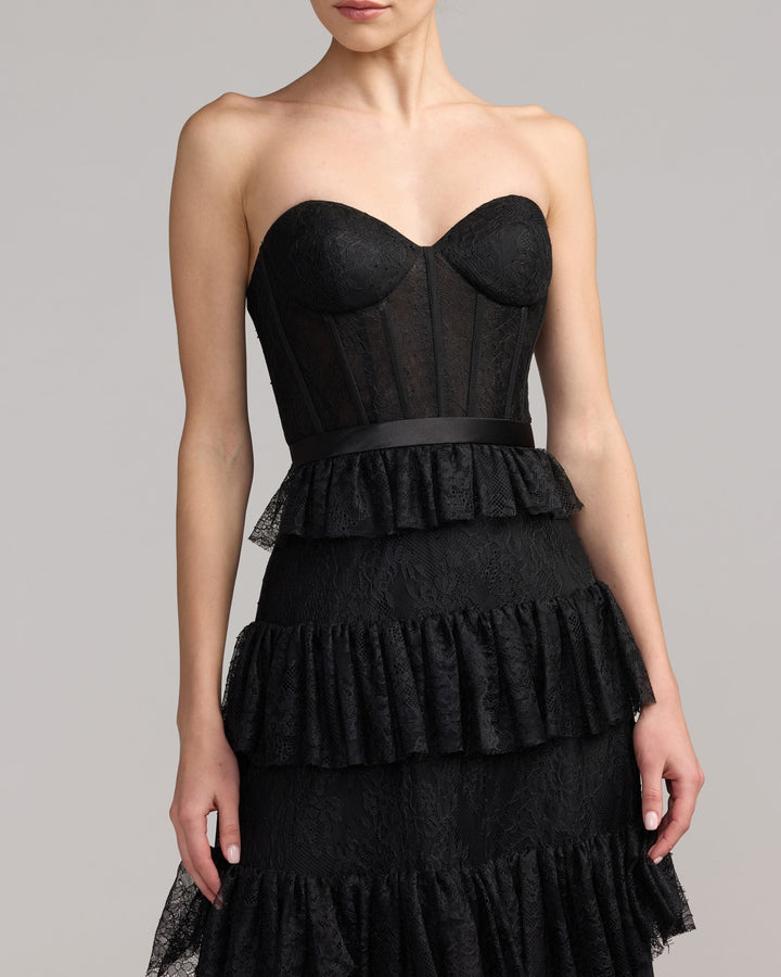 Mac Duggal 21043 Strapless Tiered Lace Midi Dress
