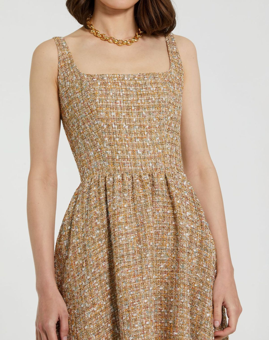 Mac Duggal 21071 Beige Boucle Sleeveless A-Line Midi Dress