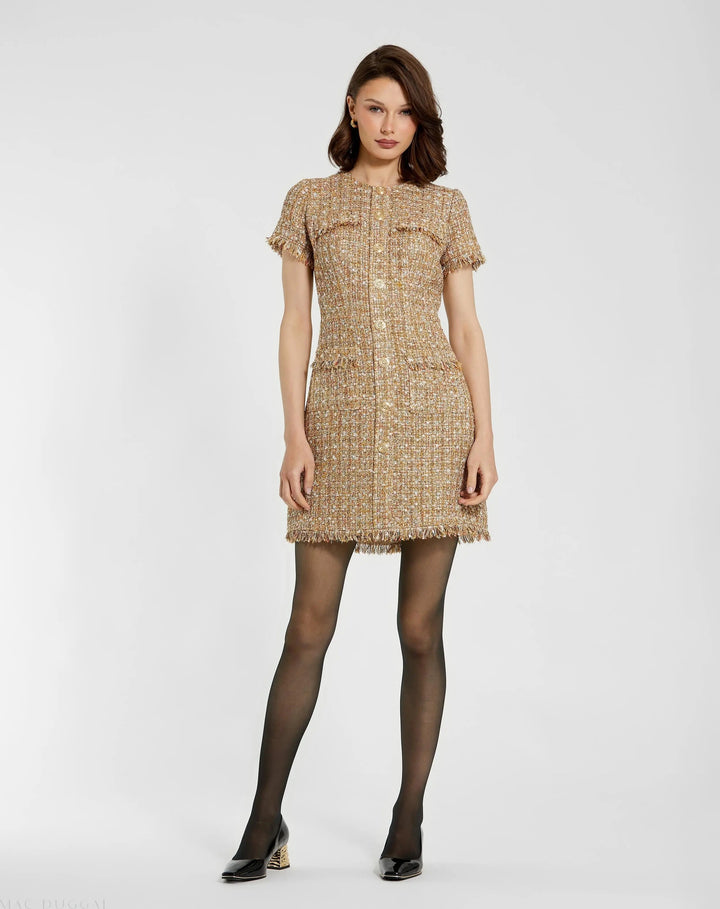 Mac Duggal 21072 Boucle Short Sleeve Mini Dress With Pockets