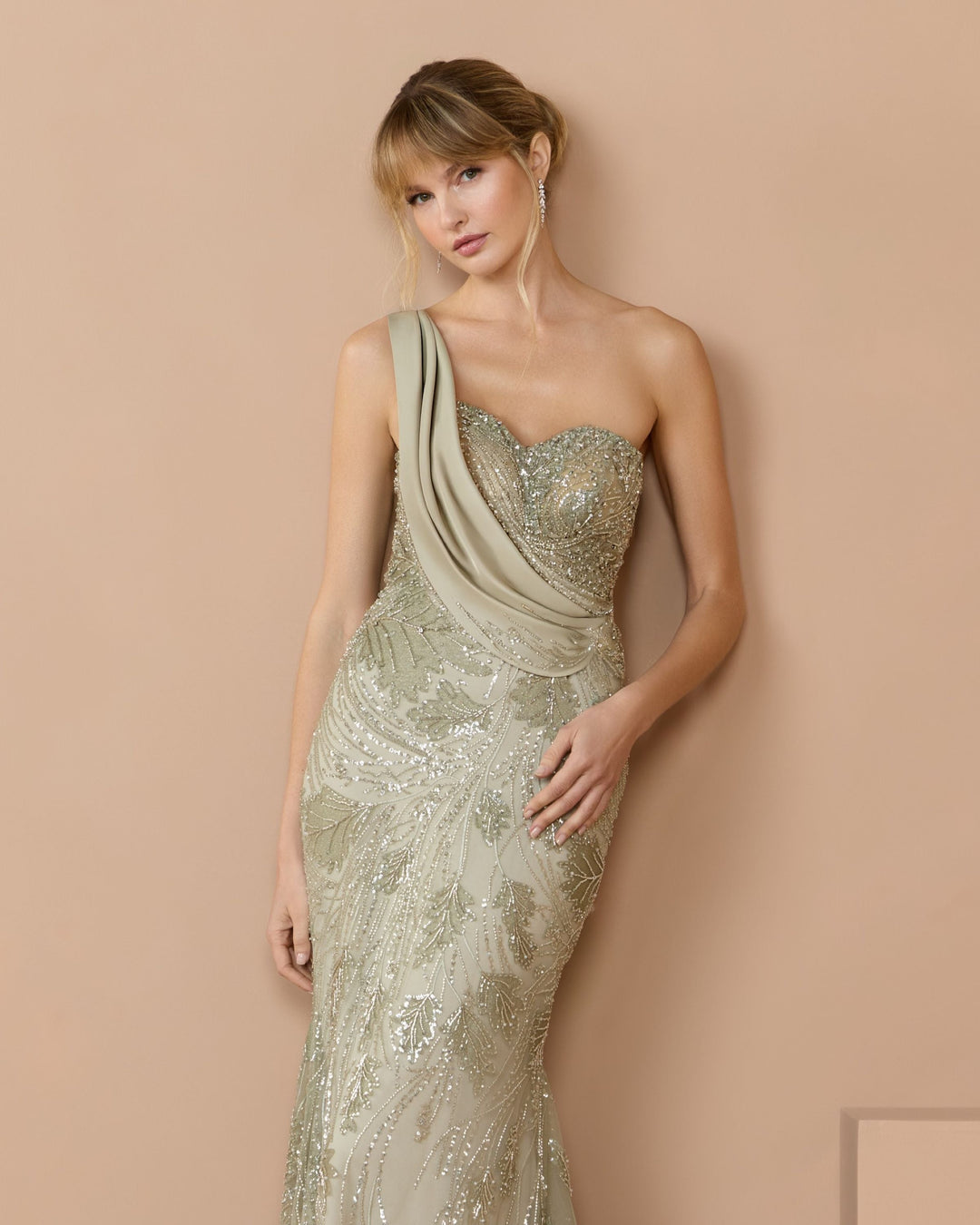 Mac Duggal 21089 Beaded One Shoulder Draped Mermaid Gown