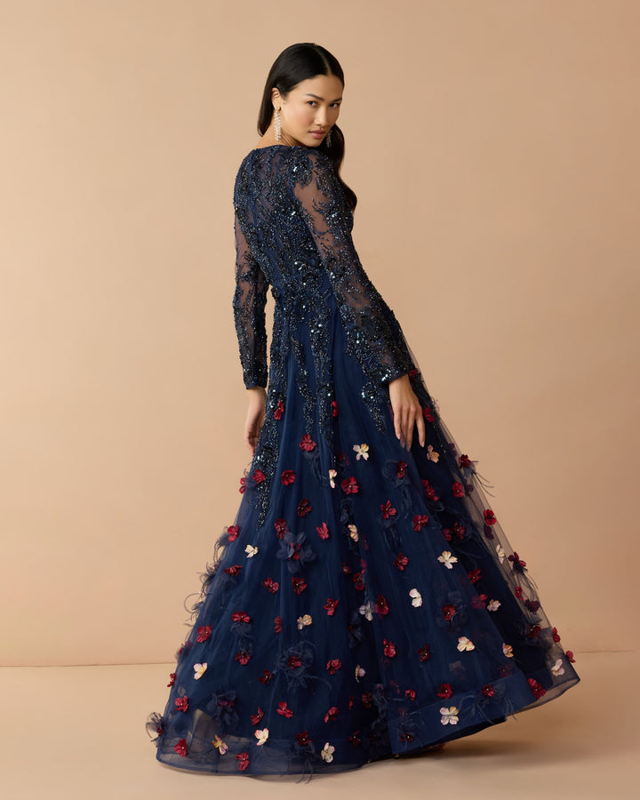 Mac Duggal 21148 Beaded Floral A-Line Gown With Feathers