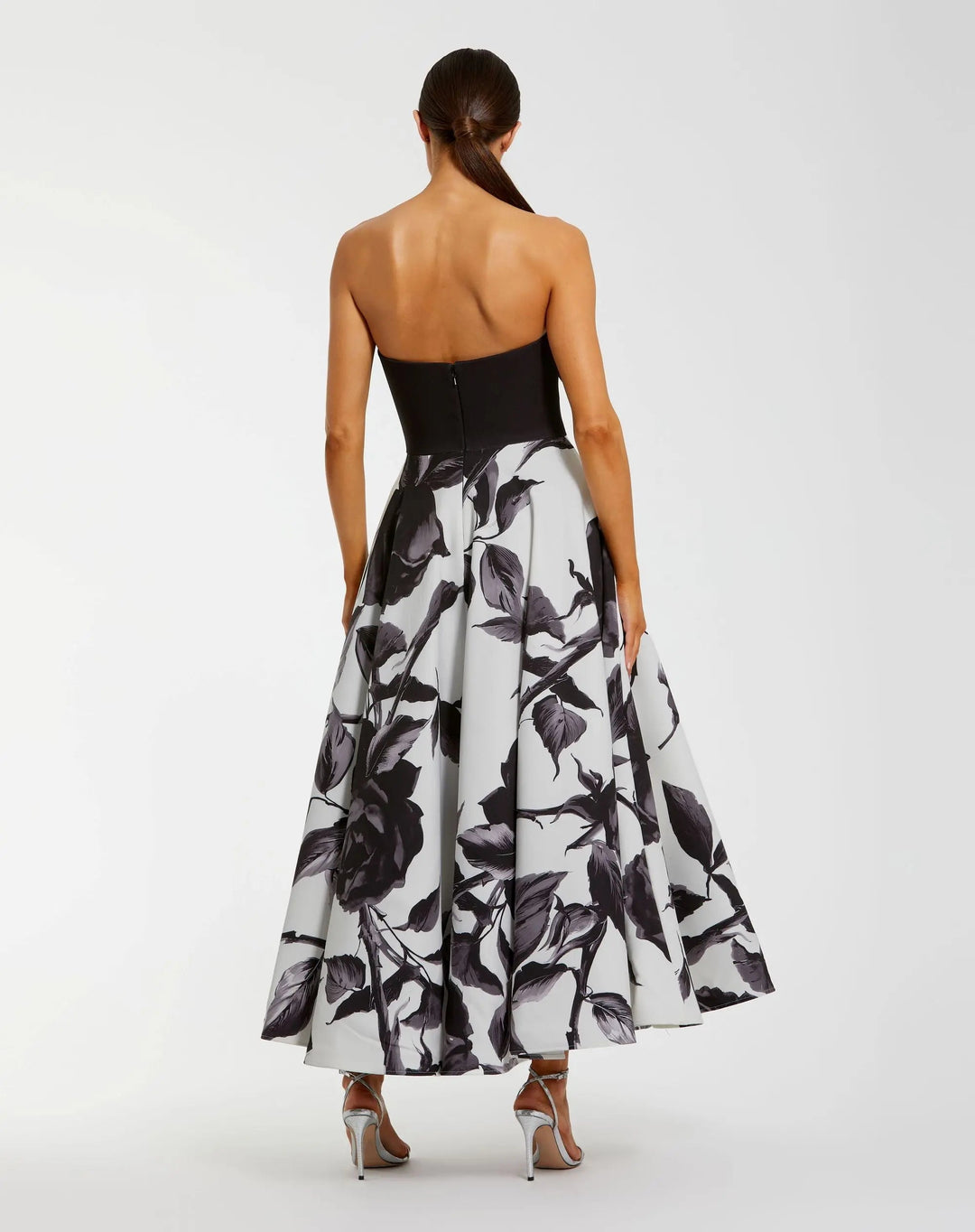 Mac Duggal 21151 Black and Gray Floral Strapless Midi Dress With Bow