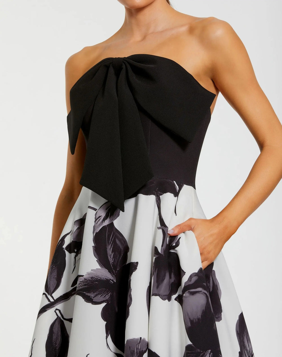 Mac Duggal 21151 Black and Gray Floral Strapless Midi Dress With Bow