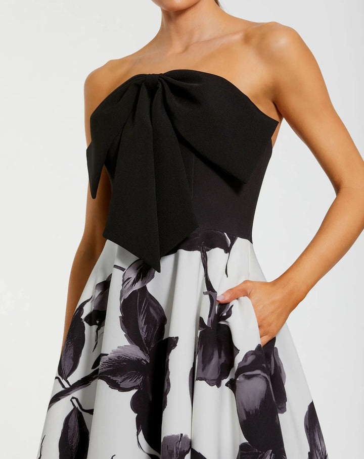 Mac Duggal 21151 Black and Gray Floral Strapless Midi Dress With Bow