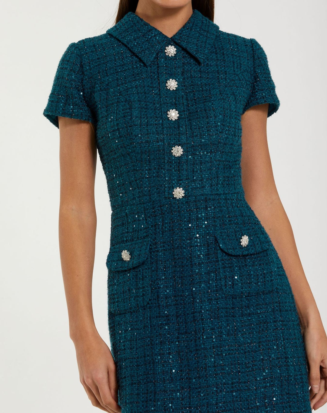 Mac Duggal 21168 Short Sleeve Collared Boucle Mini Dress