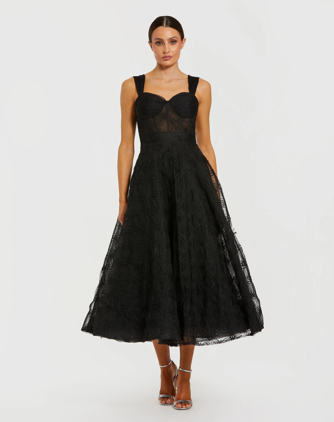 Mac Duggal 21171 Black Bustier Sleeveless A-Line Tulle Midi Dress