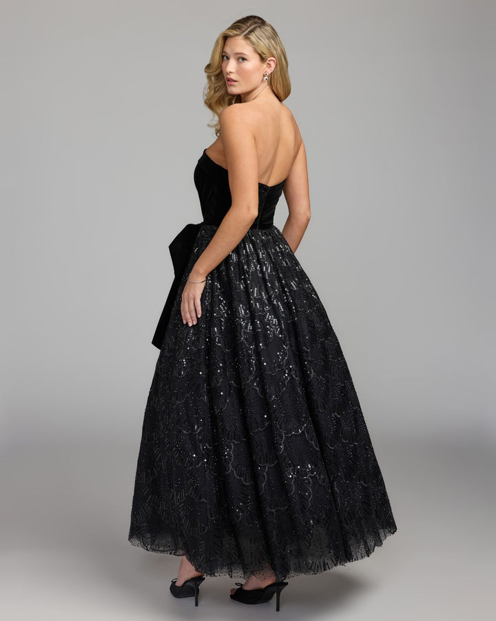 Mac Duggal 21197 Velvet Bow Sequin Strapless A-Line Gown