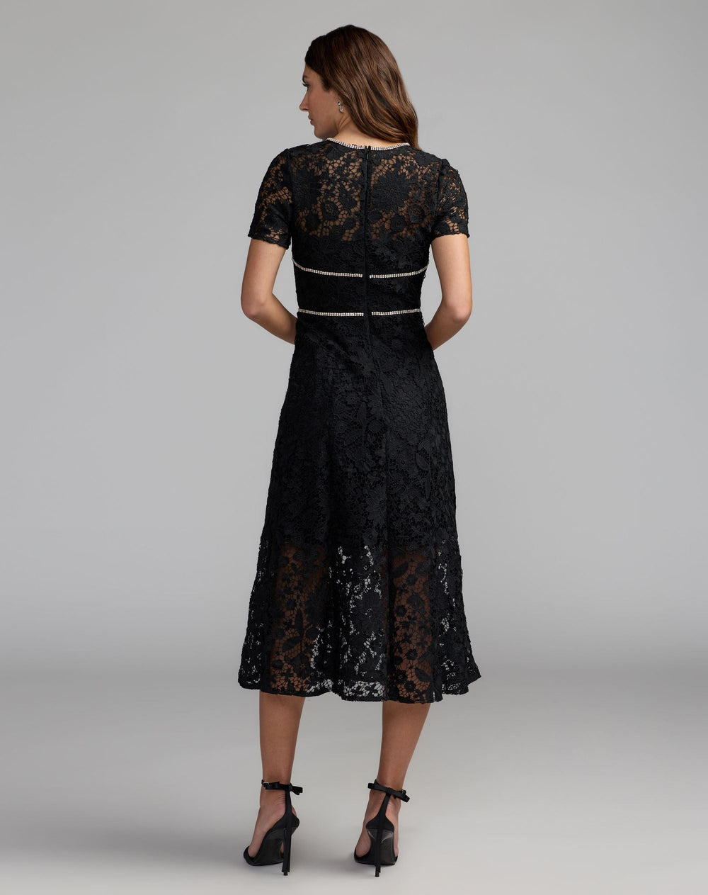 Mac Duggal 21208 Short Sleeve Lace Midi Dress With Rhinestone Trim