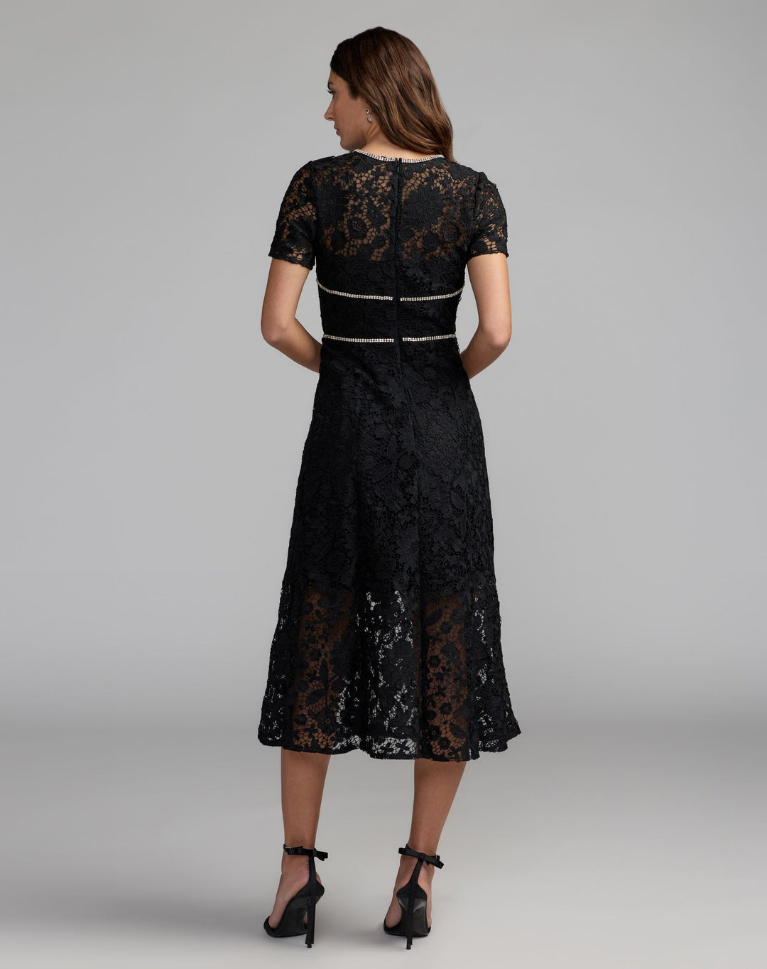 Mac Duggal 21208 Short Sleeve Lace Midi Dress With Rhinestone Trim