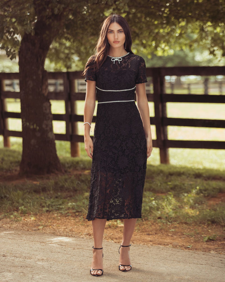 Mac Duggal 21208 Short Sleeve Lace Midi Dress With Rhinestone Trim