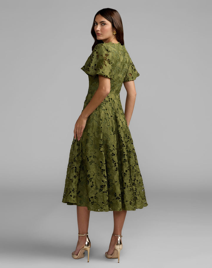 Mac Duggal 21209 Floral Lace Flutter Sleeve Midi Dress
