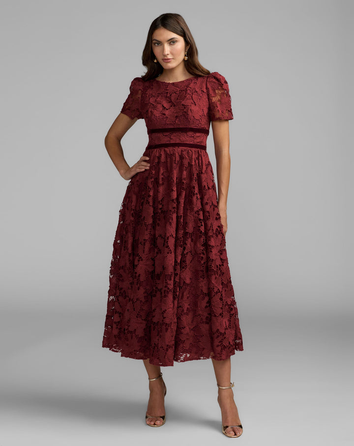 Mac Duggal 21210 A-Line Short Sleeve Lace Midi Dress