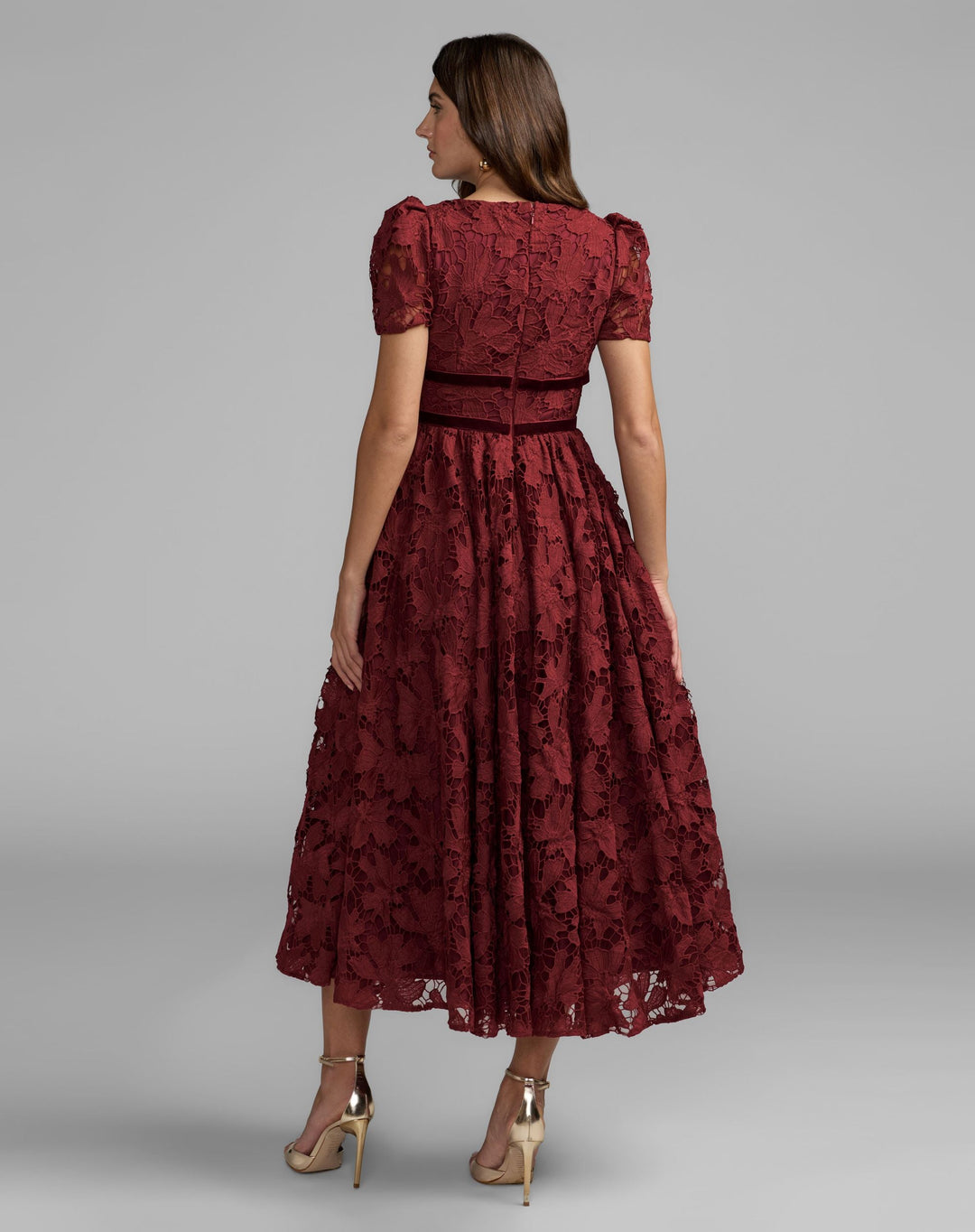 Mac Duggal 21210 A-Line Short Sleeve Lace Midi Dress