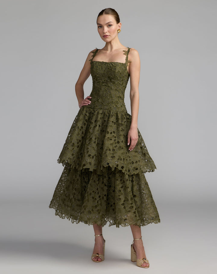 Mac Duggal 21223 Sleeveless Embroidered Lace Tiered Midi Dress