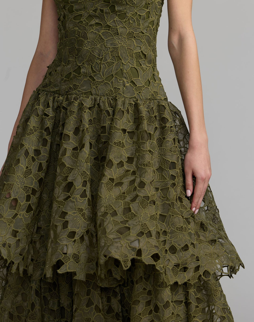 Mac Duggal 21223 Sleeveless Embroidered Lace Tiered Midi Dress