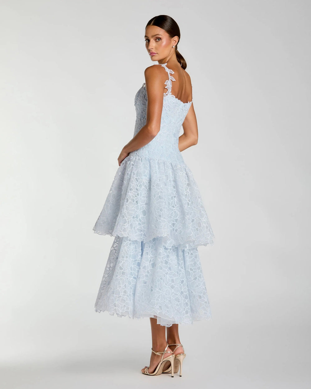 Mac Duggal 21223 Sleeveless Embroidered Lace Tiered Midi Dress