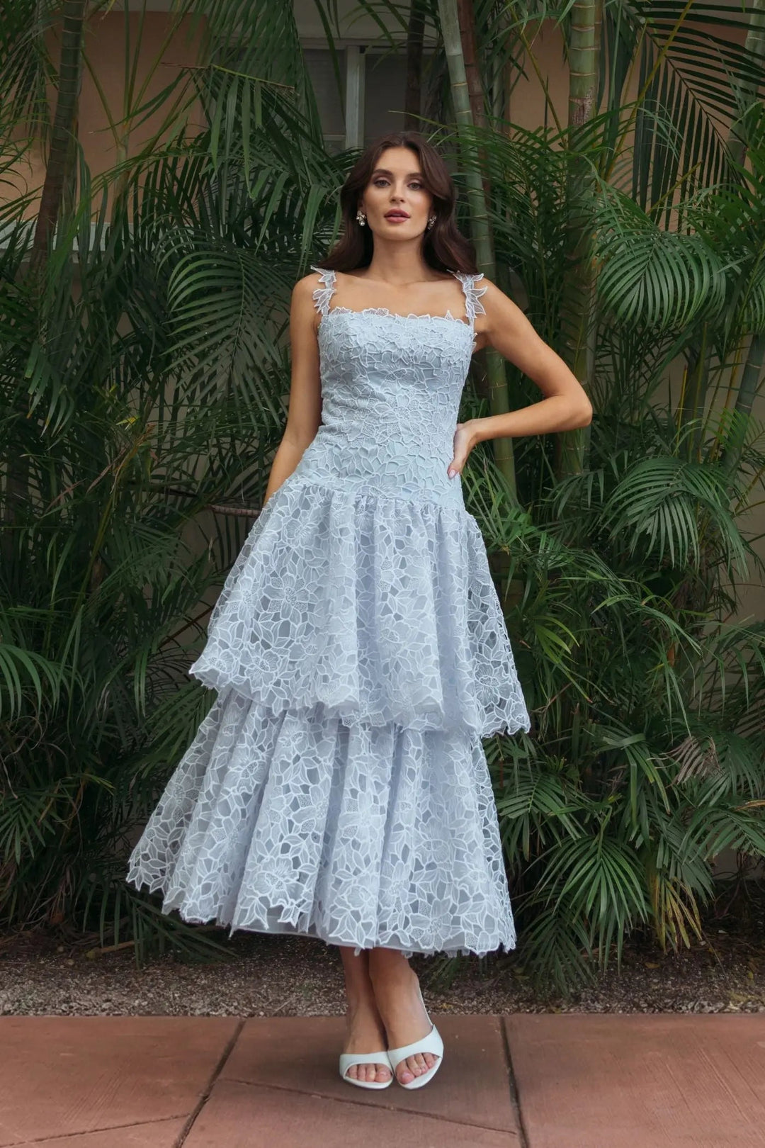 Blue Sleeveless Embroidered Lace Tiered Midi Dress - FOSTANI.com