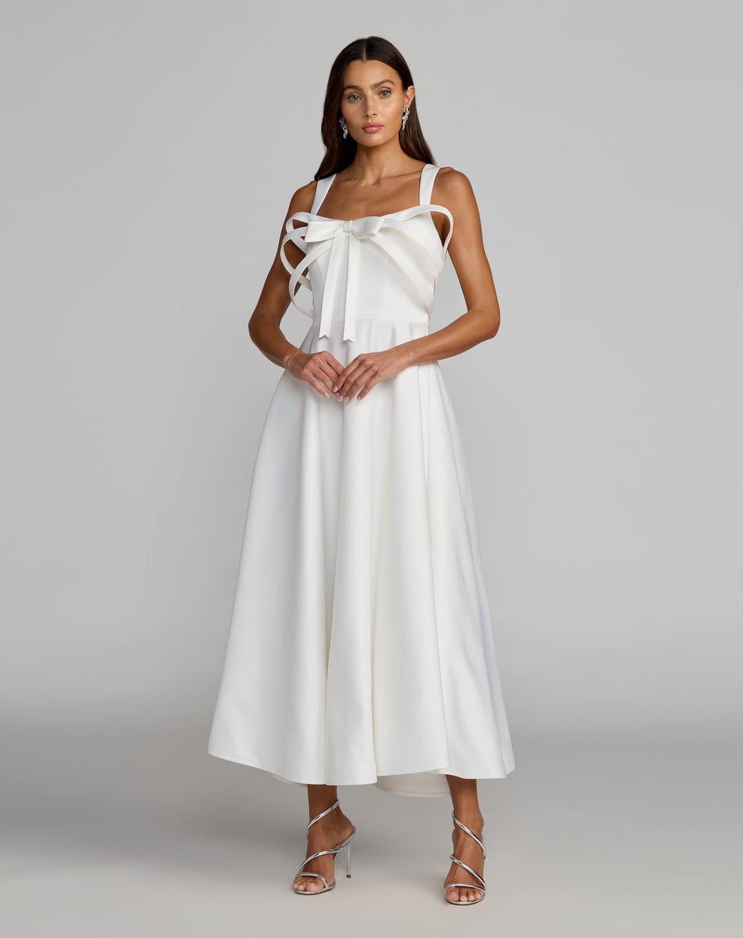 White Satin Sleeveless A Line Midi Dress With Bow - FOSTANI.com