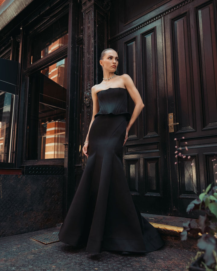 Mac Duggal 21270 Strapless Satin Corset Peplum Gown