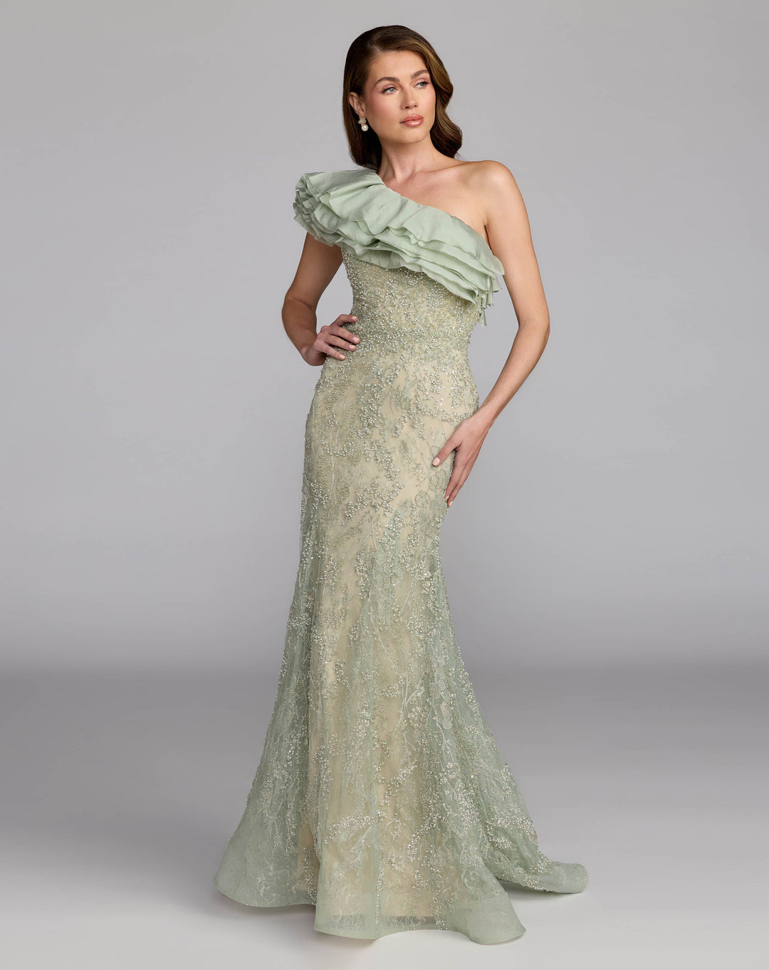 Mac Duggal 21277 Embellished Lace One Shoulder Trumpet Gown