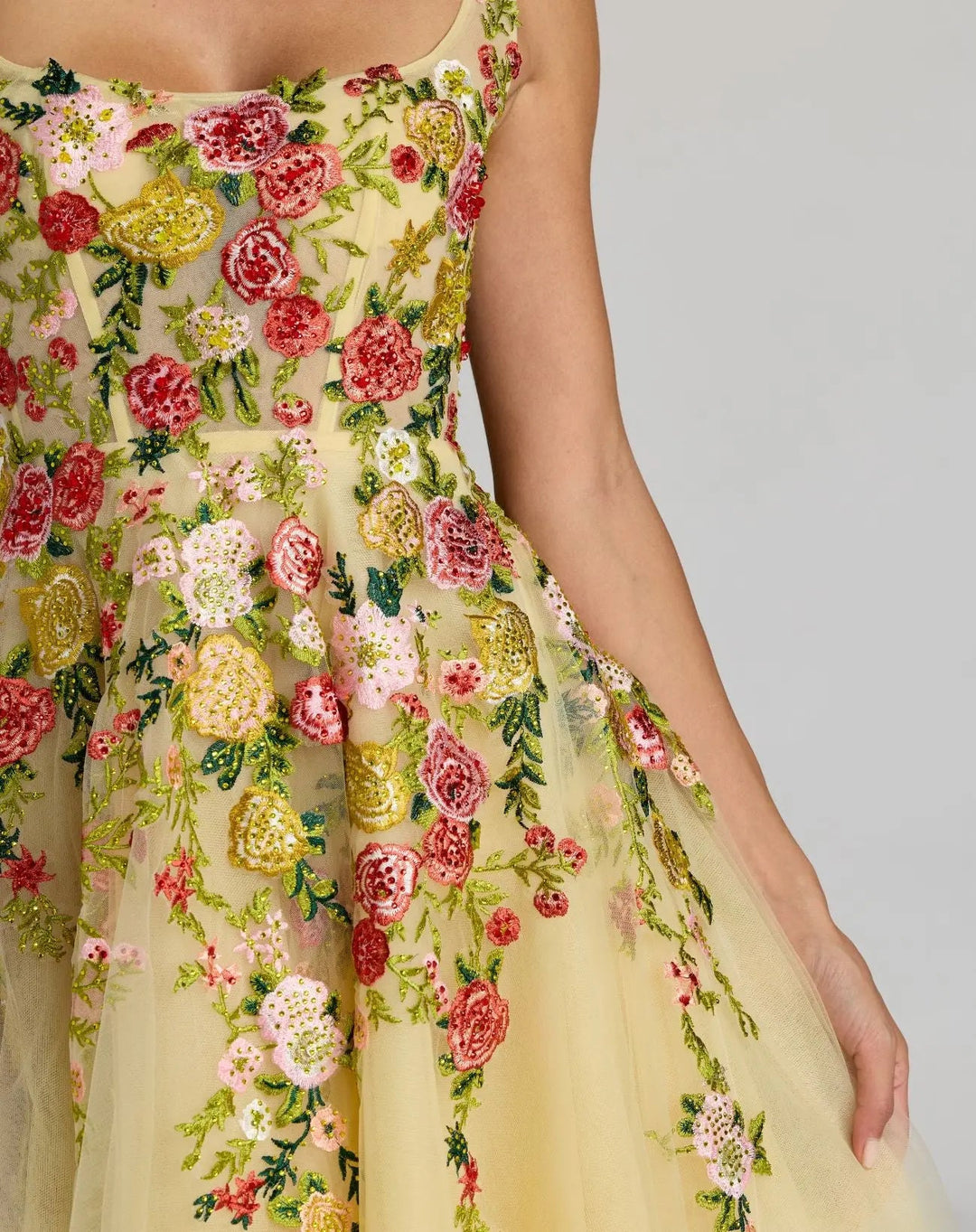 Yellow Embroidered Tulle A-Line Midi Dress - FOSTANI.com