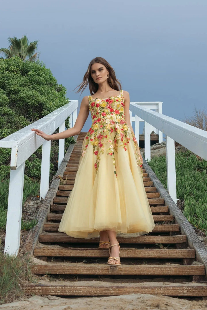 Yellow Embroidered Tulle A-Line Midi Dress - FOSTANI.com