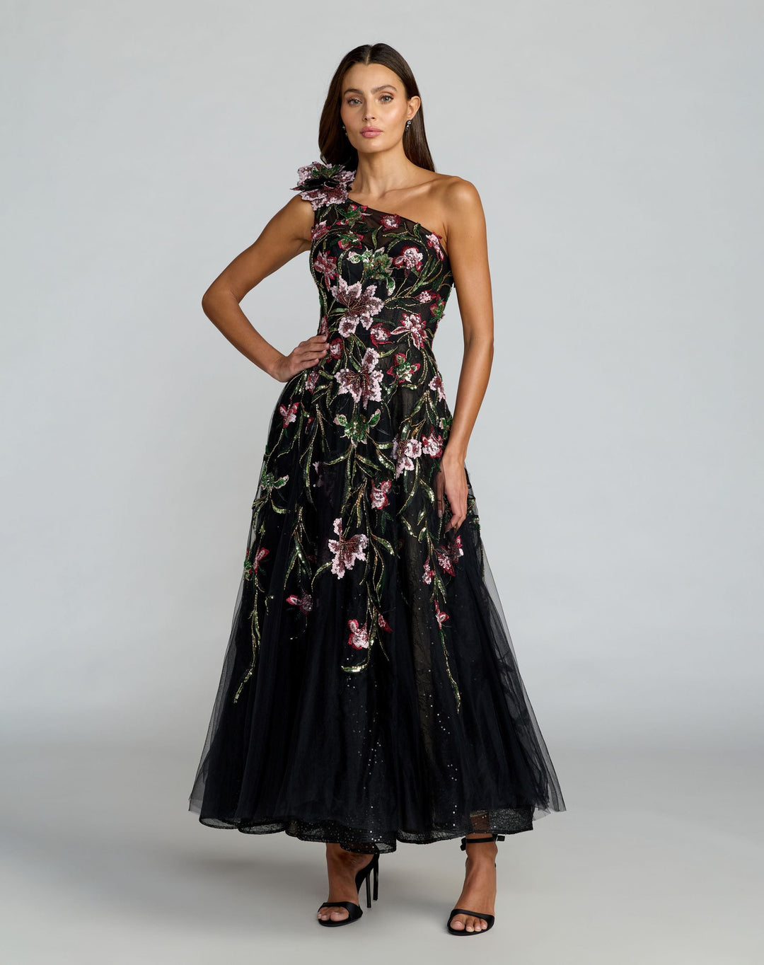 Mac Duggal 21302 Embroidered Floral One Shoulder A-Line Dress