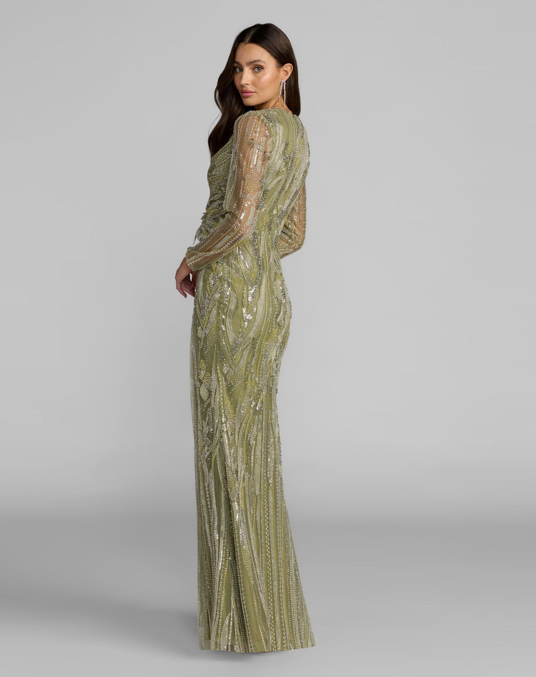 Mac Duggal 21306 Green Hand Embellished V-Neck Column Gown