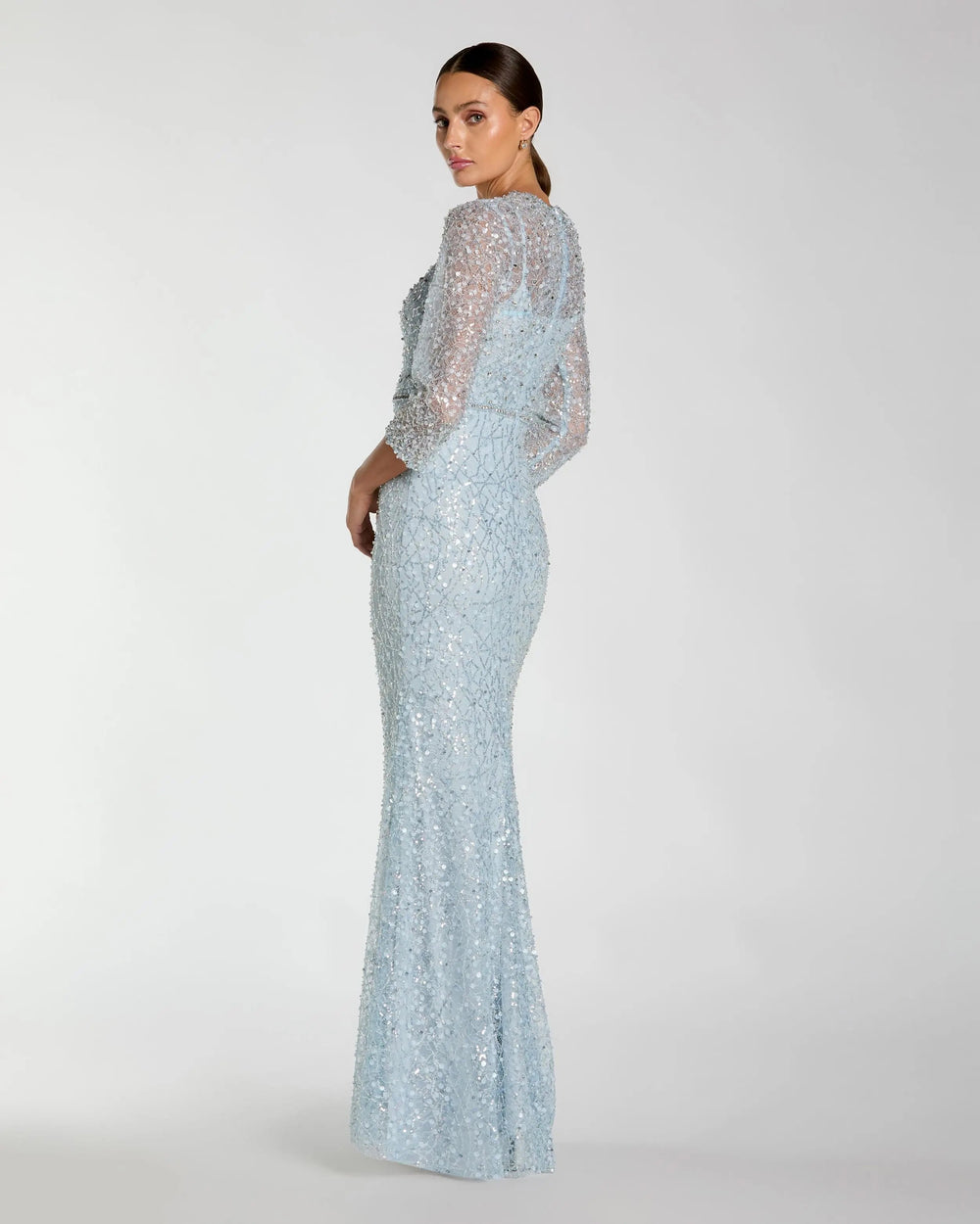 Blue Beaded 3/4 Sleeve Trumpet Gown - FOSTANI.com