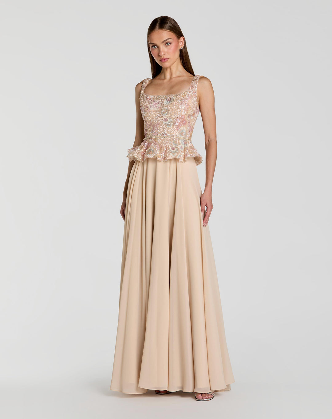 Beige Embroidered Peplum Top With Chiffon Skirt Gown - FOSTANI.com