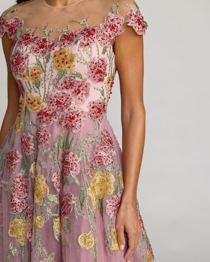 Mac Duggal 21357 Floral Embroidered Illusion Sweetheart Midi Dress