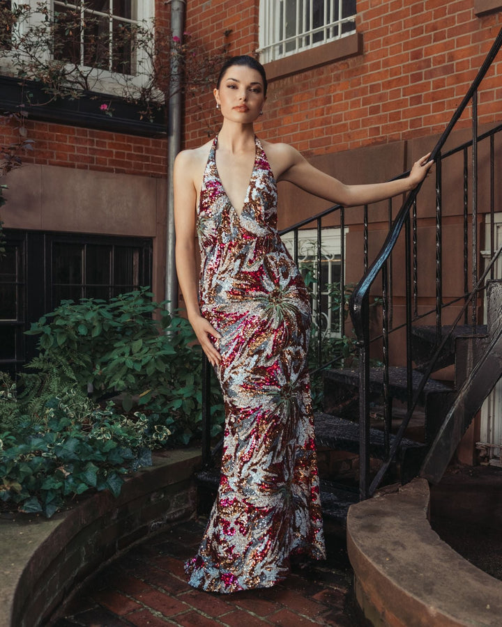 Mac Duggal 21391 Floral Sequin Sleeveless Open Back Gown