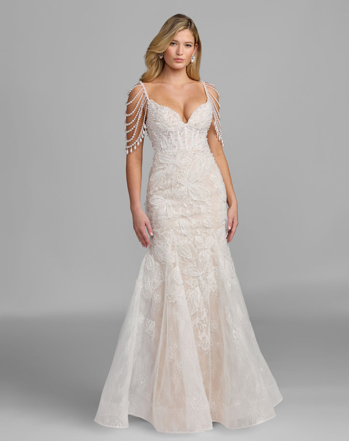 Mac Duggal 21487 Floral Lace Mermaid Gown With Draped Beading
