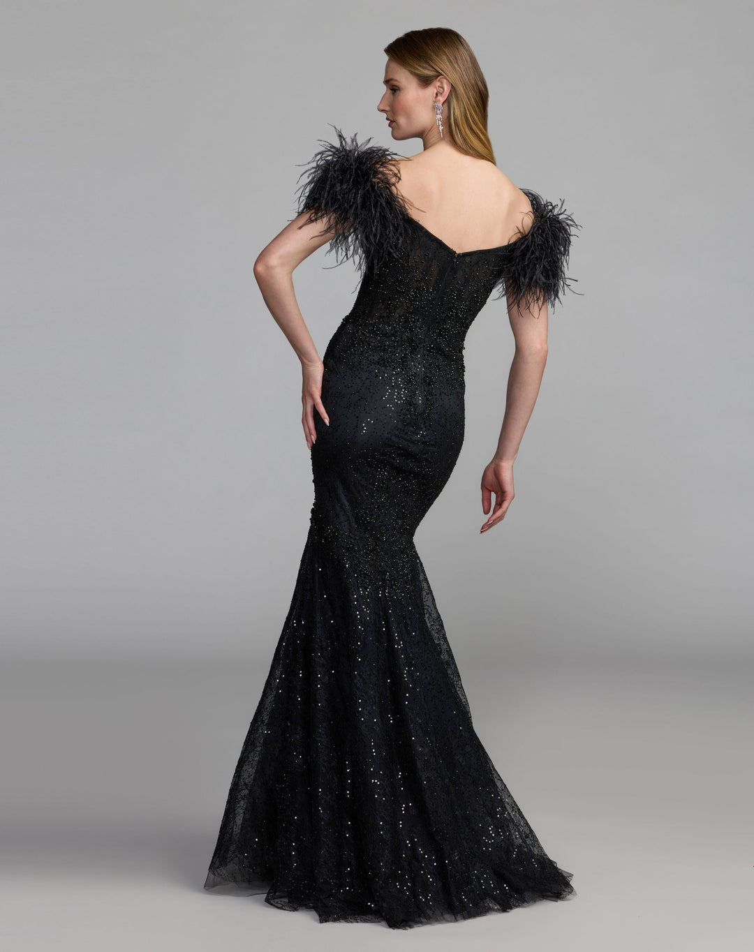 Mac Duggal 21577 Beaded Lace Mermaid Gown With Feathers