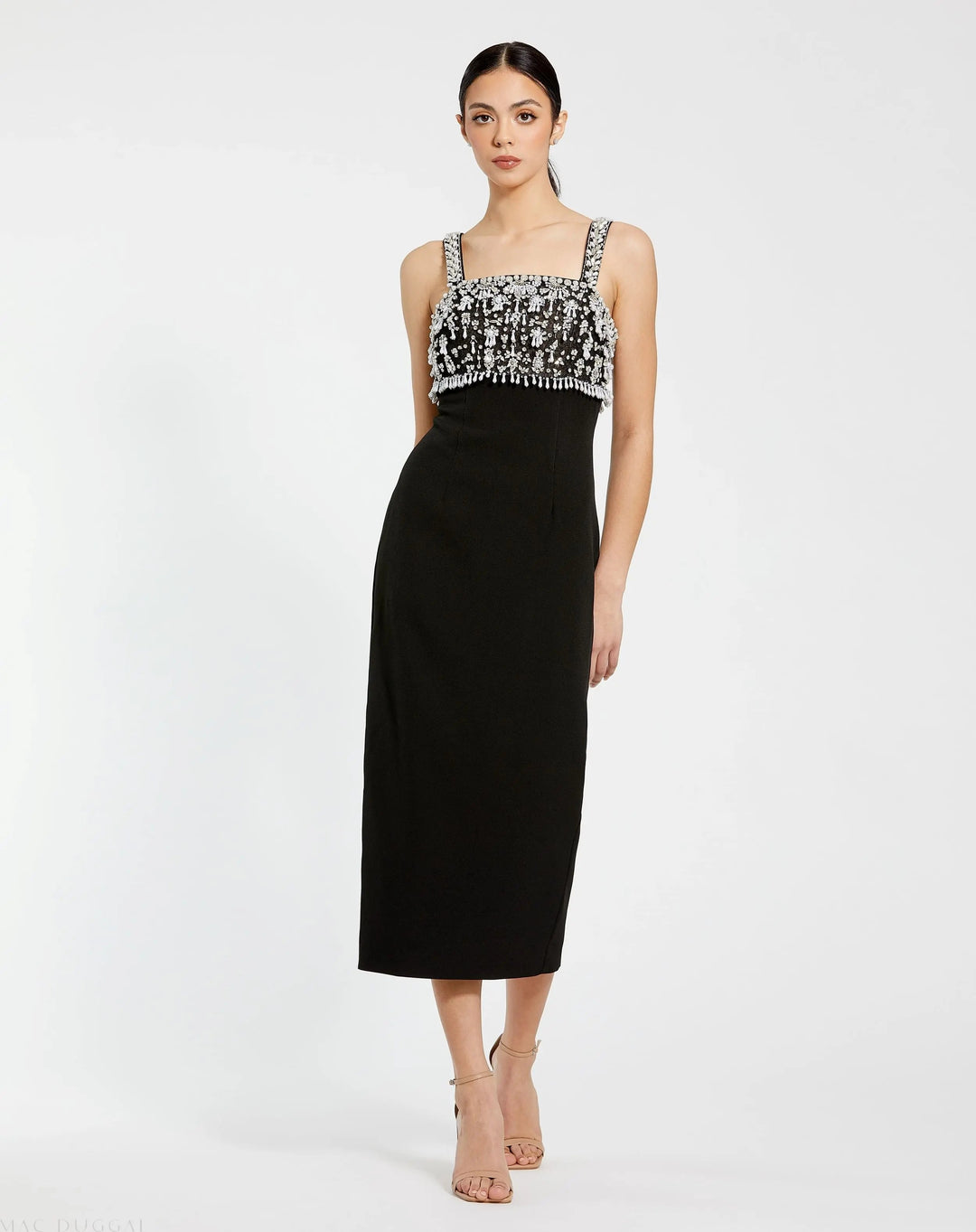Mac Duggal 2226 Black Wide Strap Embellished Top Midi Dress