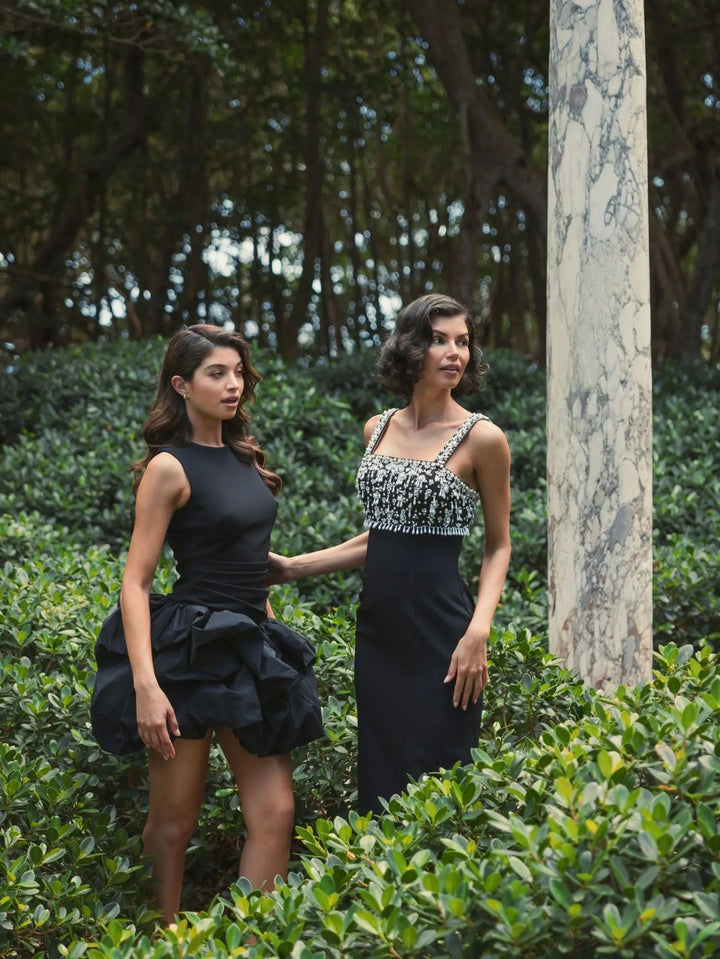 Mac Duggal 2226 Black Wide Strap Embellished Top Midi Dress