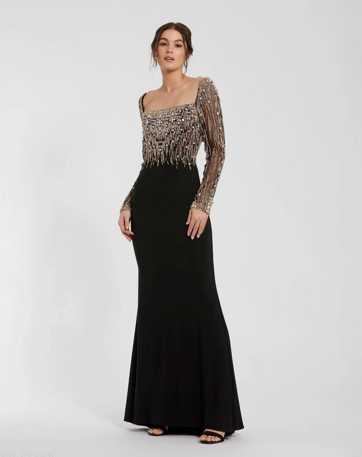 Mac Duggal 2256 Black Beaded Square Neck Long Sleeve Jersey Gown