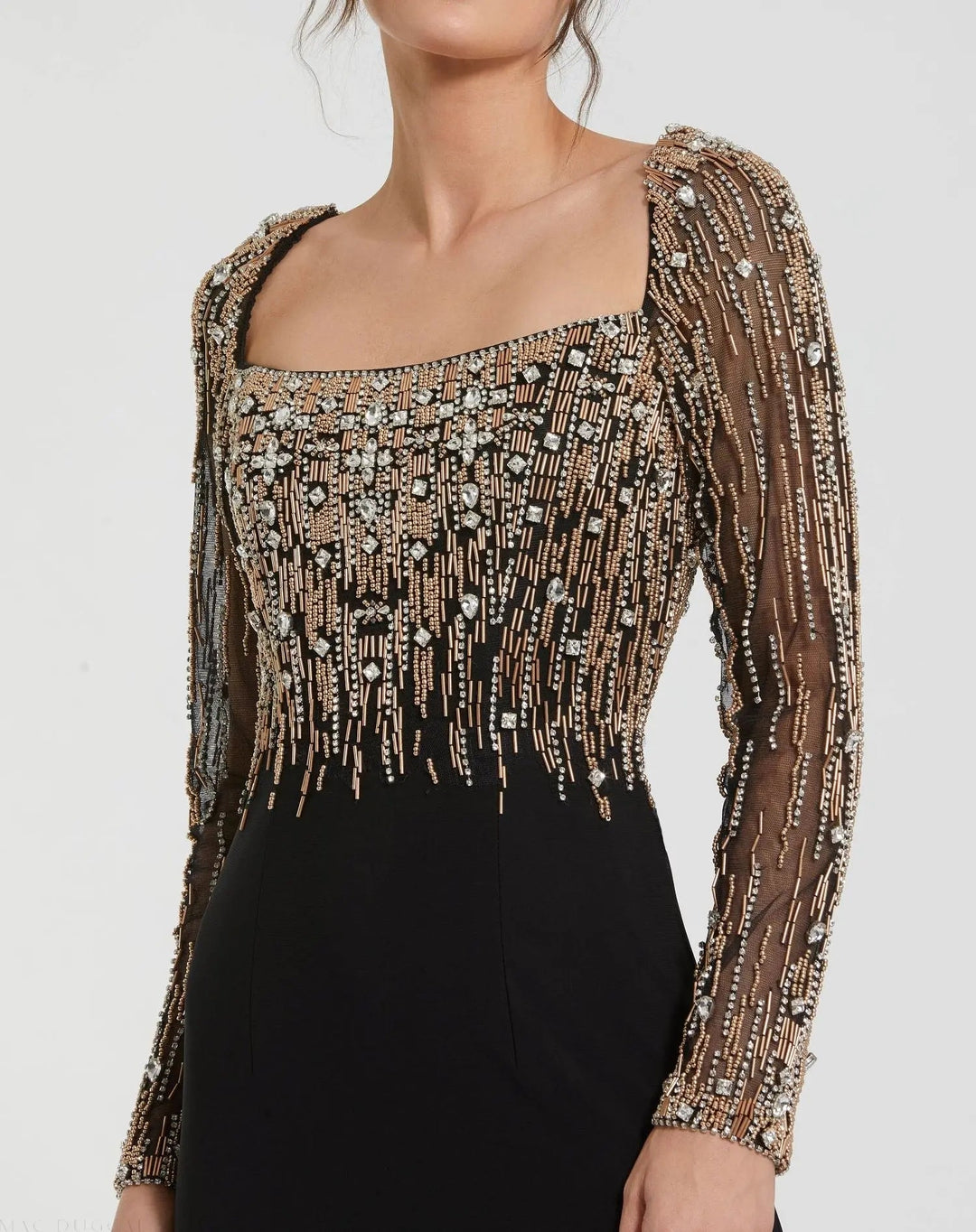 Mac Duggal 2256 Black Beaded Square Neck Long Sleeve Jersey Gown