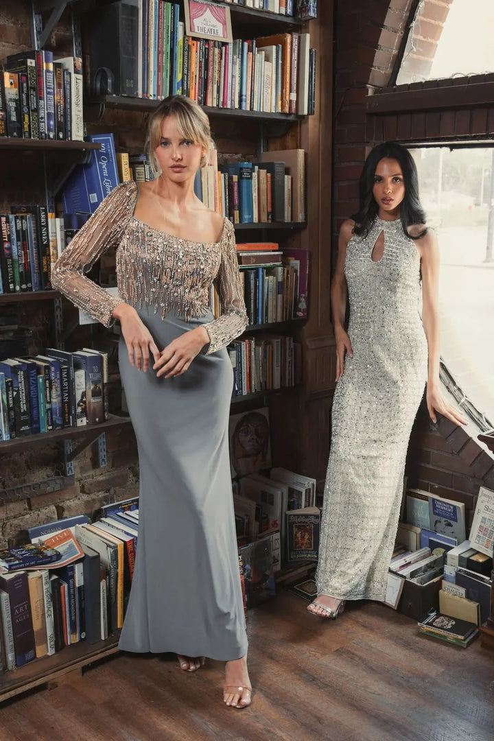 Mac Duggal 2256 Beaded Square Neck Long Sleeve Jersey Gown
