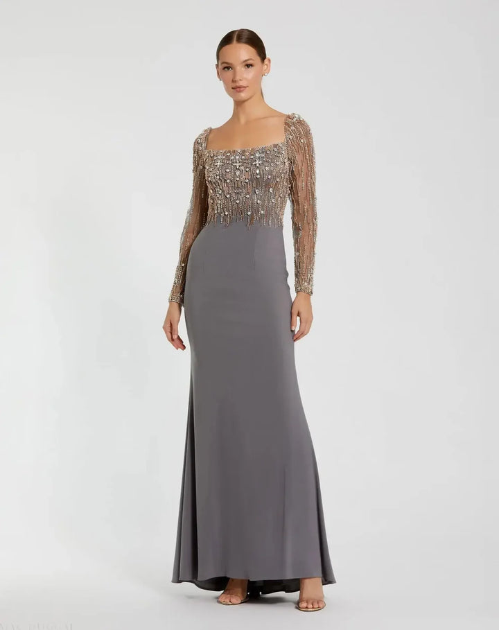 Mac Duggal 2256 Beaded Square Neck Long Sleeve Jersey Gown