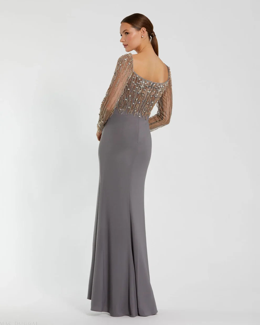 Mac Duggal 2256 Beaded Square Neck Long Sleeve Jersey Gown