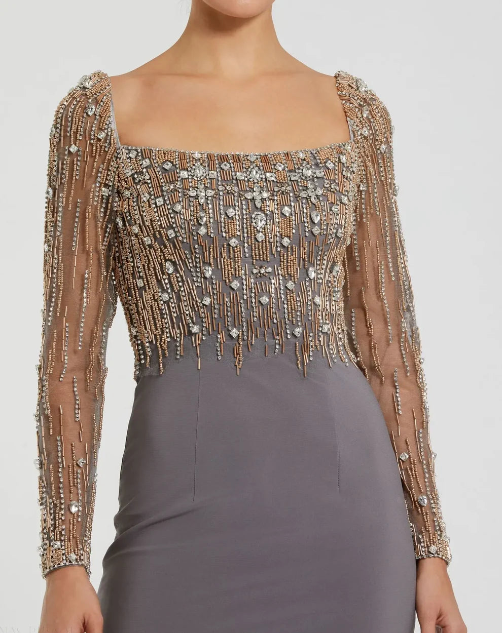 Mac Duggal 2256 Beaded Square Neck Long Sleeve Jersey Gown