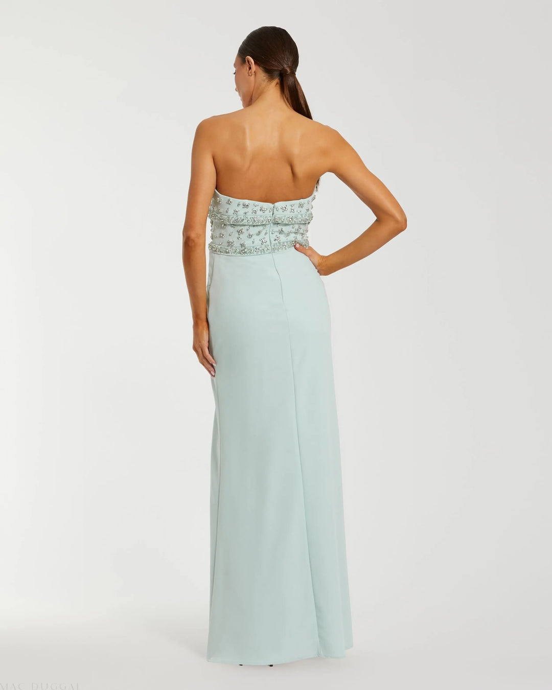 Mac Duggal 2285 Green Strapless Rhinestone Bodice Crepe Gown